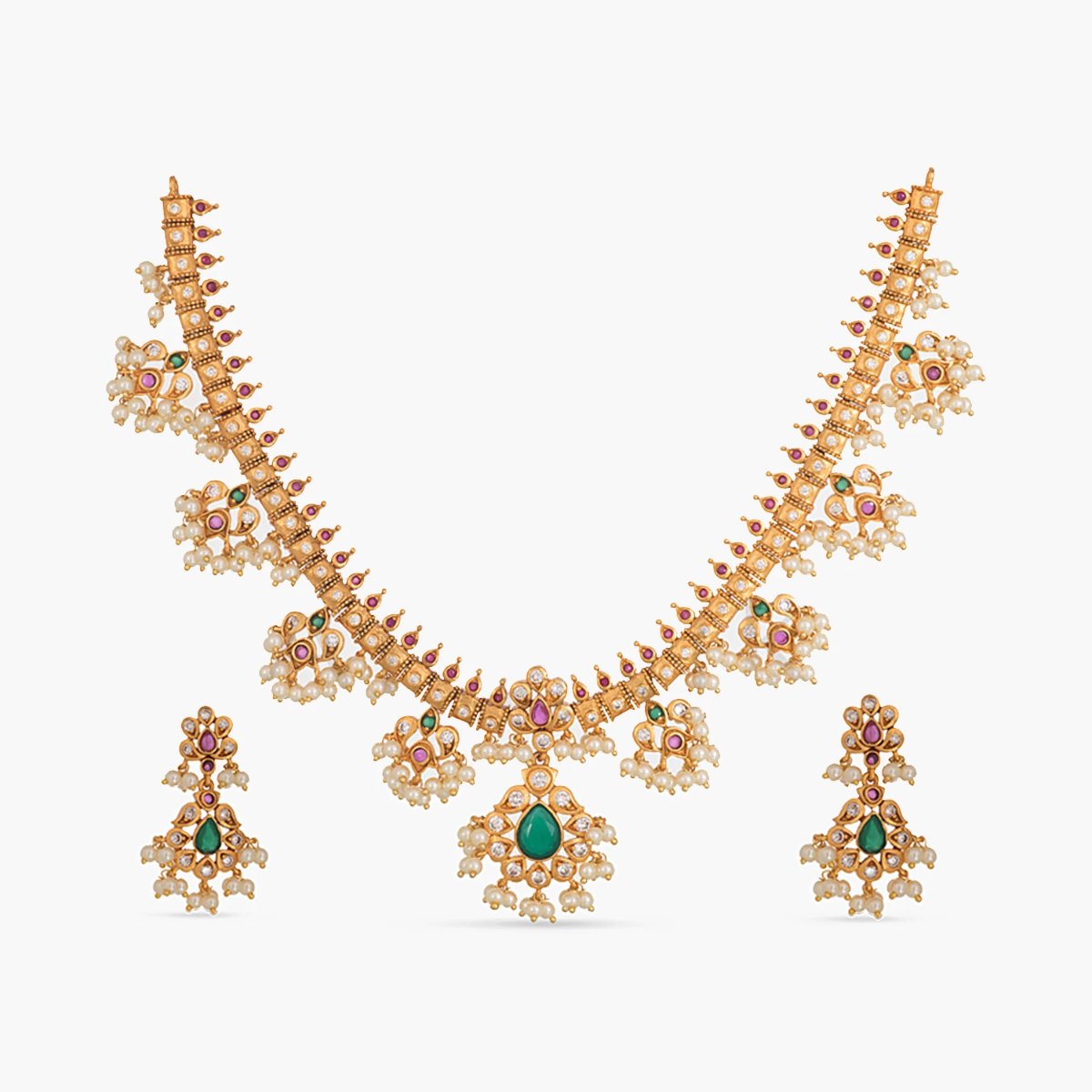 Gold-platedIndian necklace and earrings set with faux pearls and emeralds.