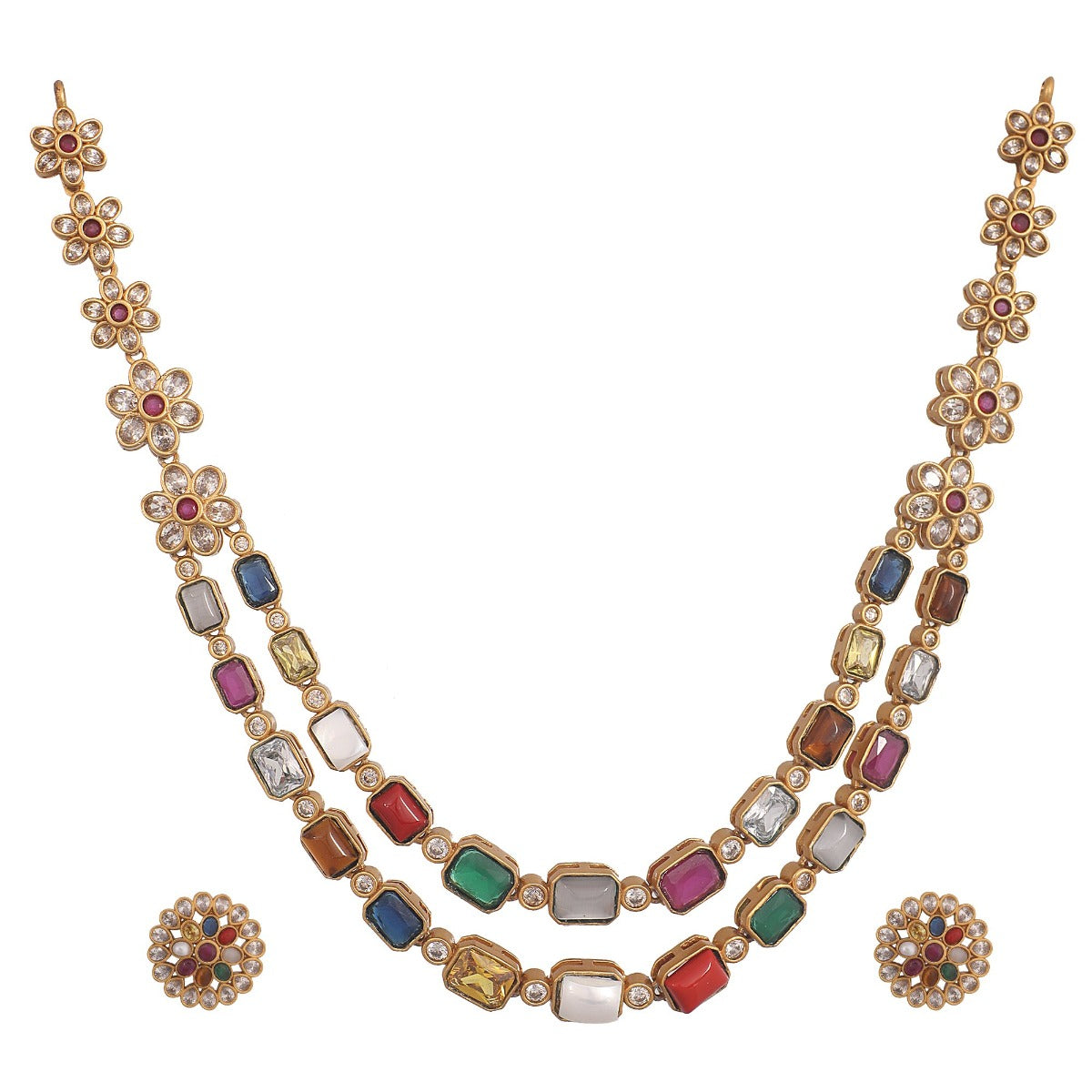 Dazzling Indian Jewellery: Multicolored gemstone necklace and earrings set.