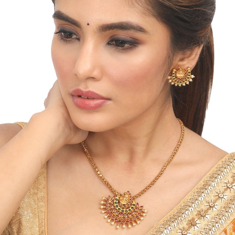 Antique Gold Plated Laxmi Motif Pendant Earrings Set