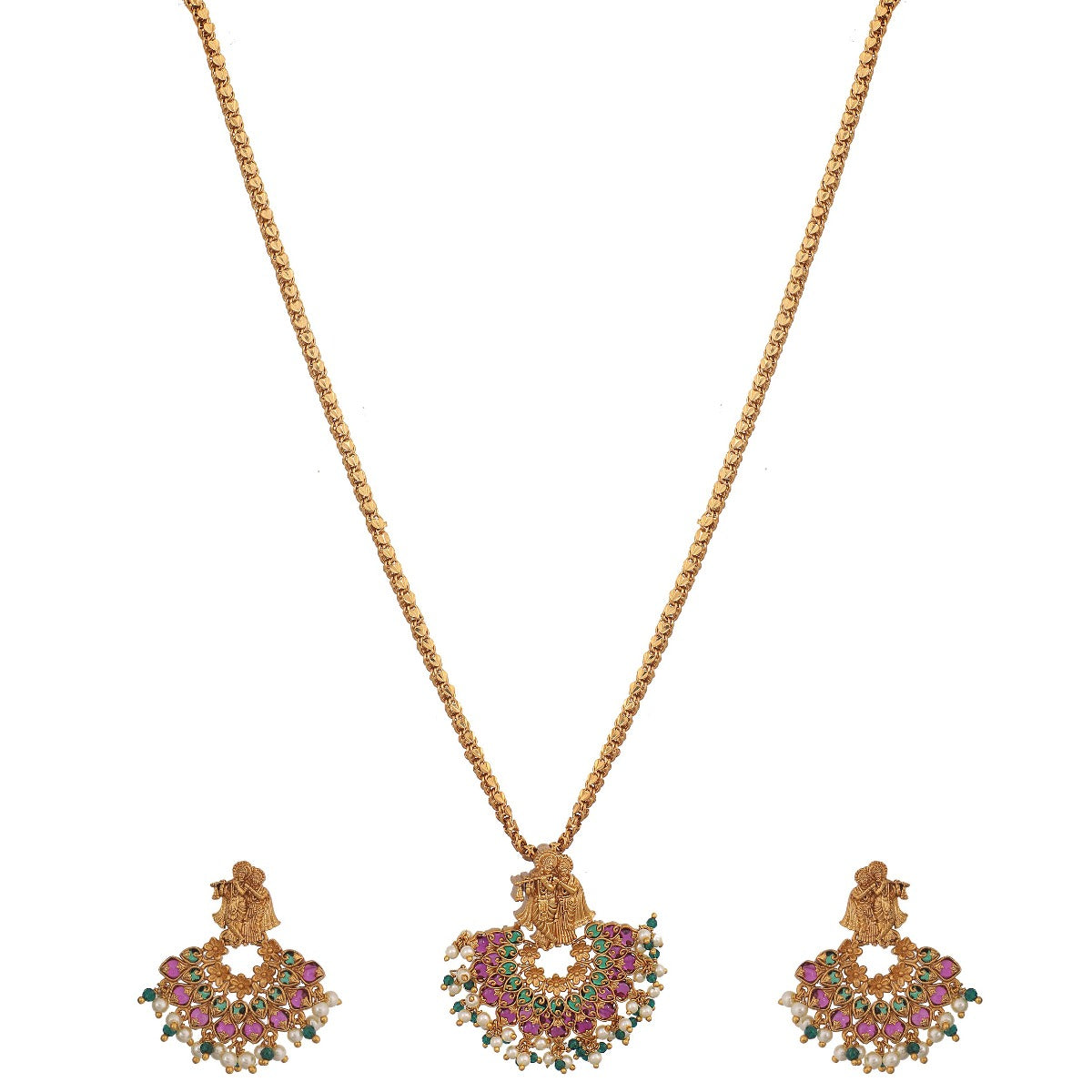 Antique Gold Plated Radha Krishna CZ Pendant Earrings Set