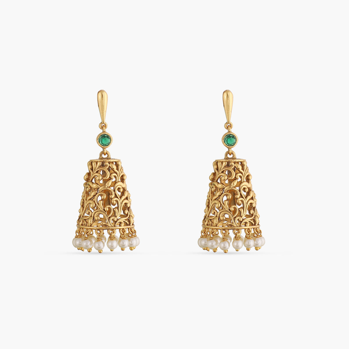 A picture of a pair of Indian artificial gold plated jhumka earrings with pearls and turquoise stones.