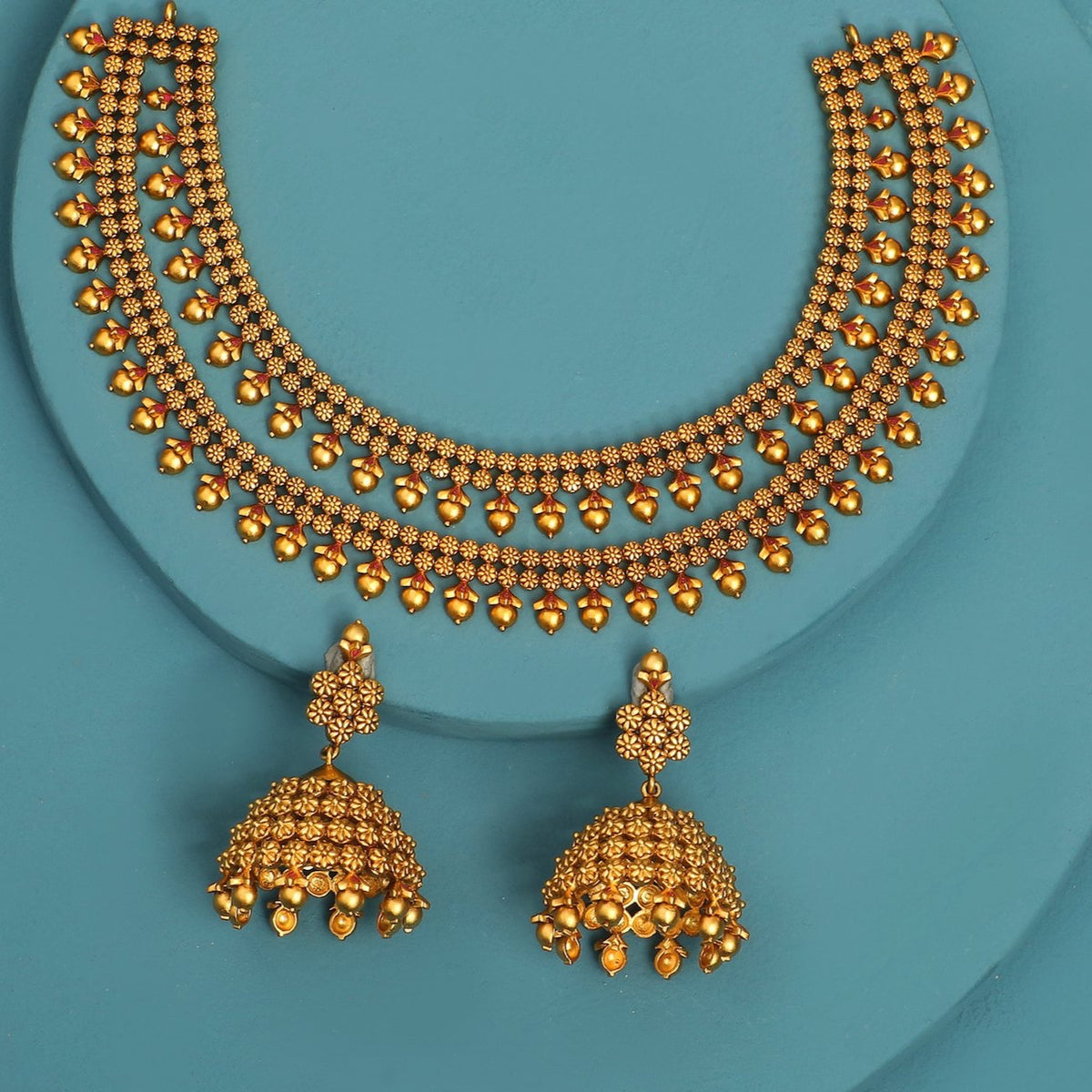 Antique Gold Plated Two Layered Floral Round Bead Necklace Set