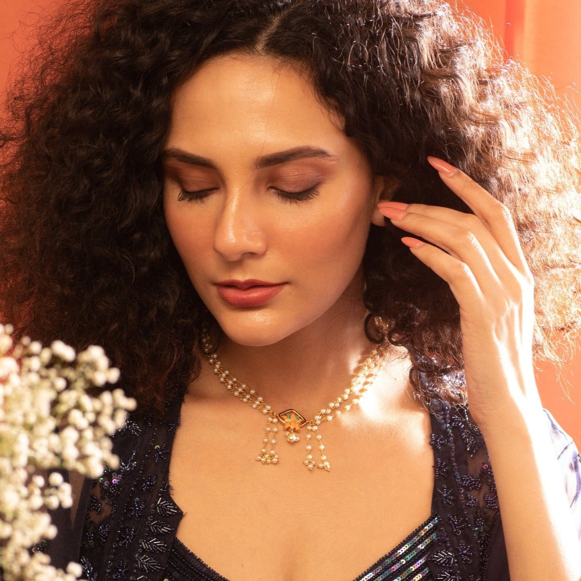 Jalaja Center Lotus Multi Layered Pearl Necklace