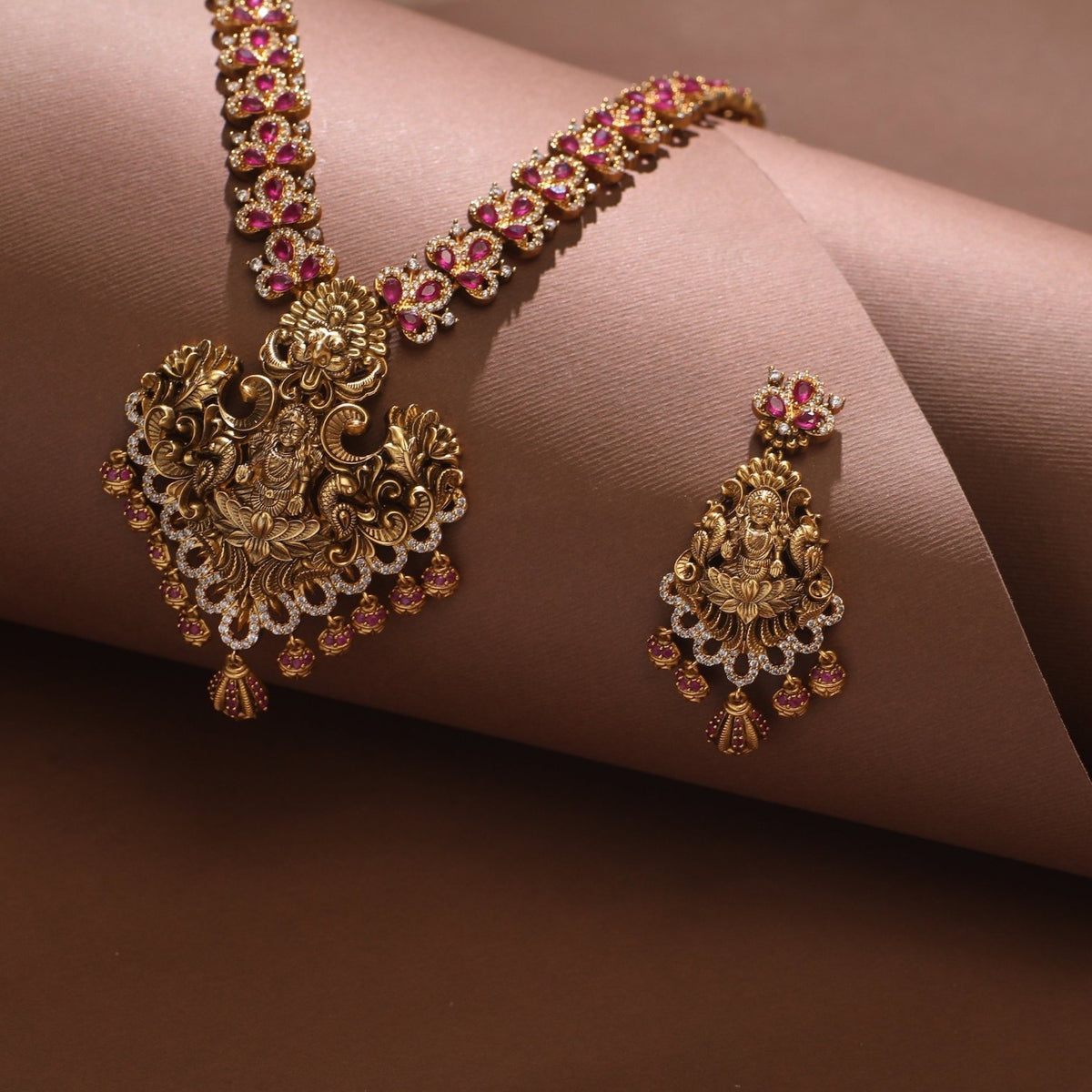 Maithili Pink CZ Antique Long Necklace Set