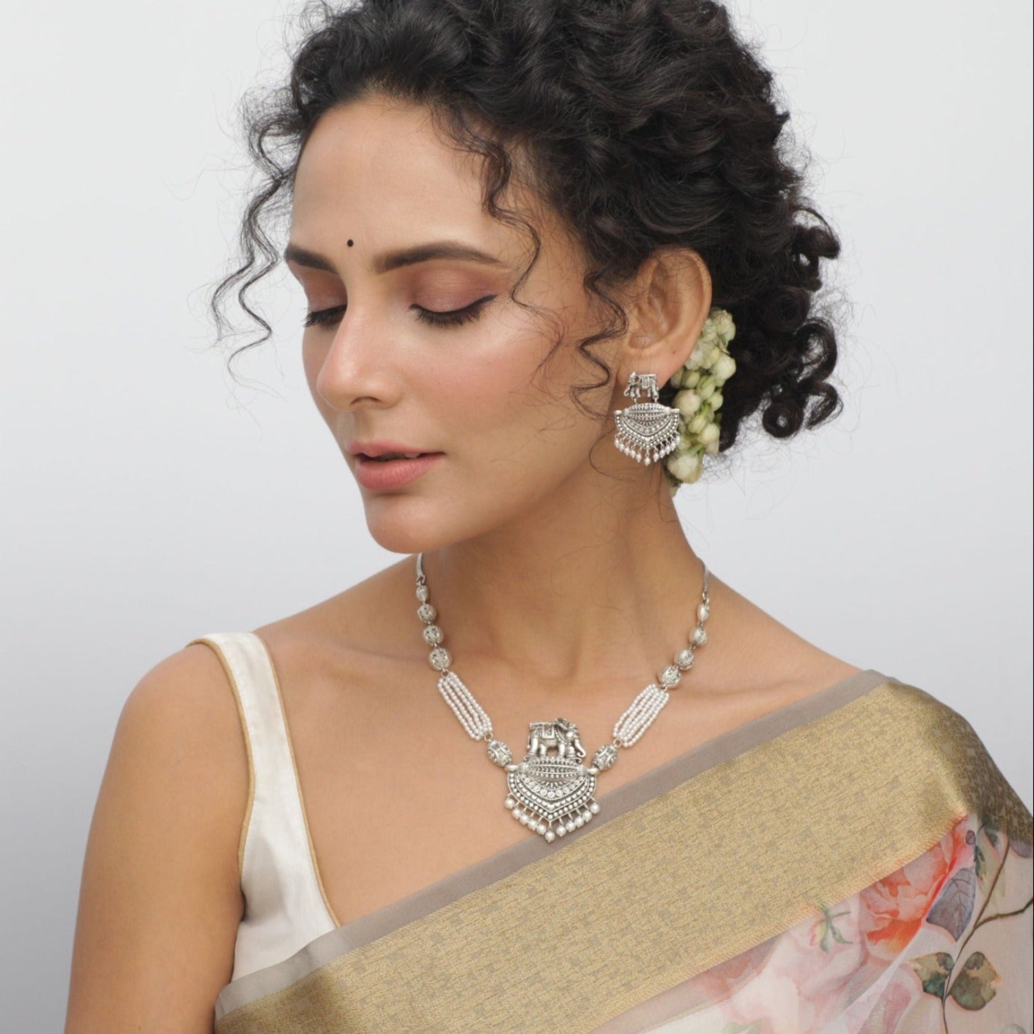 Maati Elephant & Pearl Antique Oxidized Necklace Set