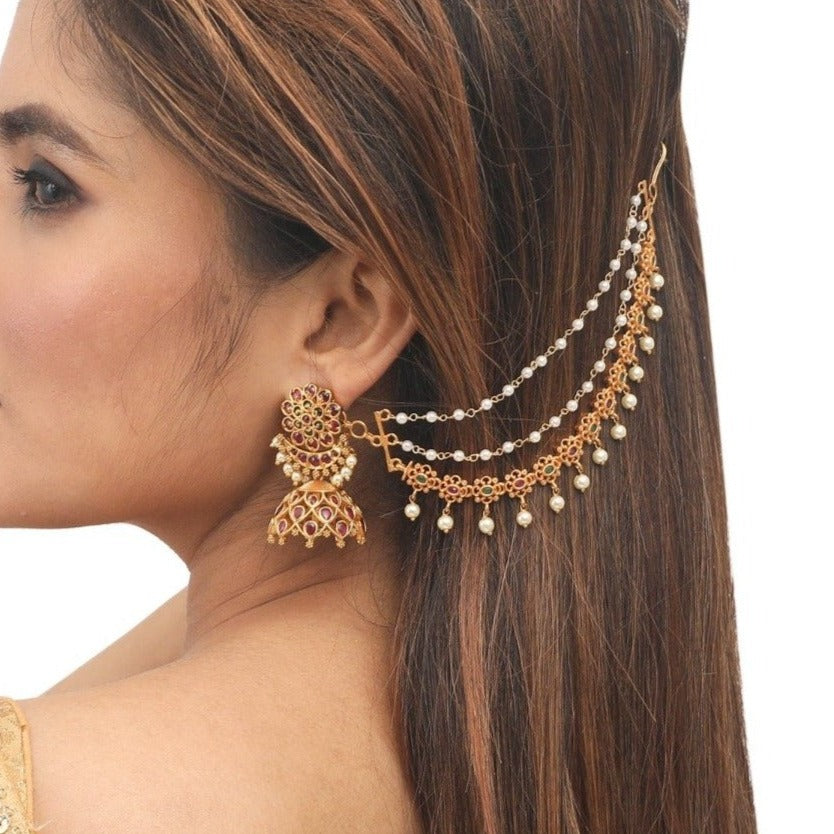 Copper Gold Plated Handmade Kundan Ear Chain Jhumka Earring with Mang Tika  - Zakarto