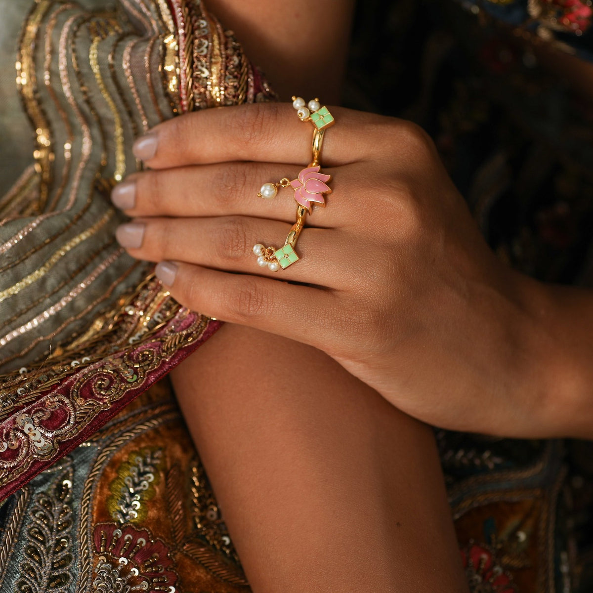 Jalaja Lotus Multi Finger Enamel Ring