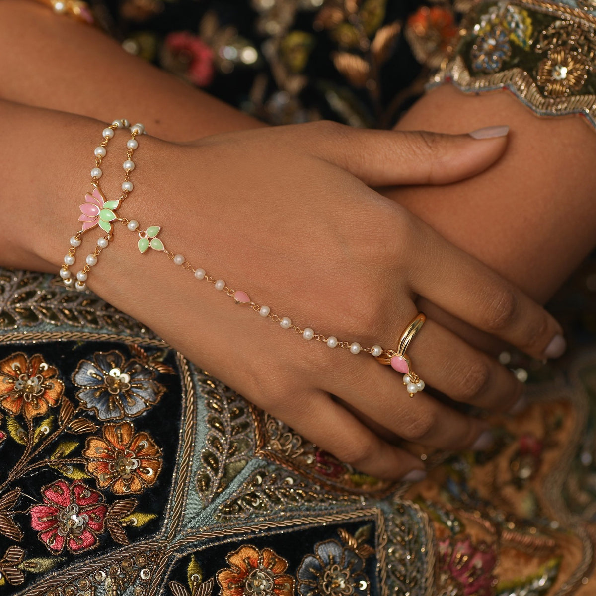 Jalaja Double Pearl Ring Hand Chain Bracelet 