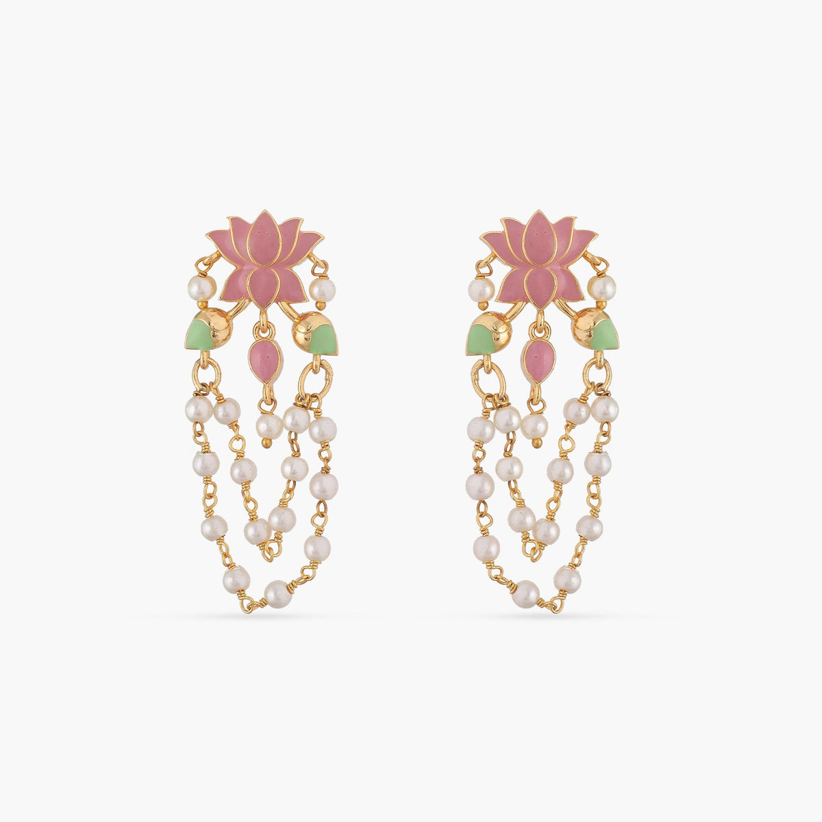 A picture of a pair of Indian artificial pink flower earrings with white pearls.