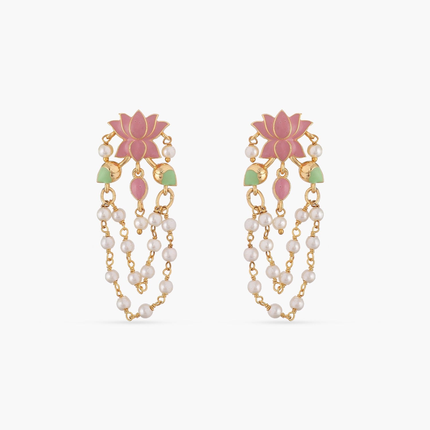 A picture of a pair of Indian artificial pink flower earrings with white pearls.
