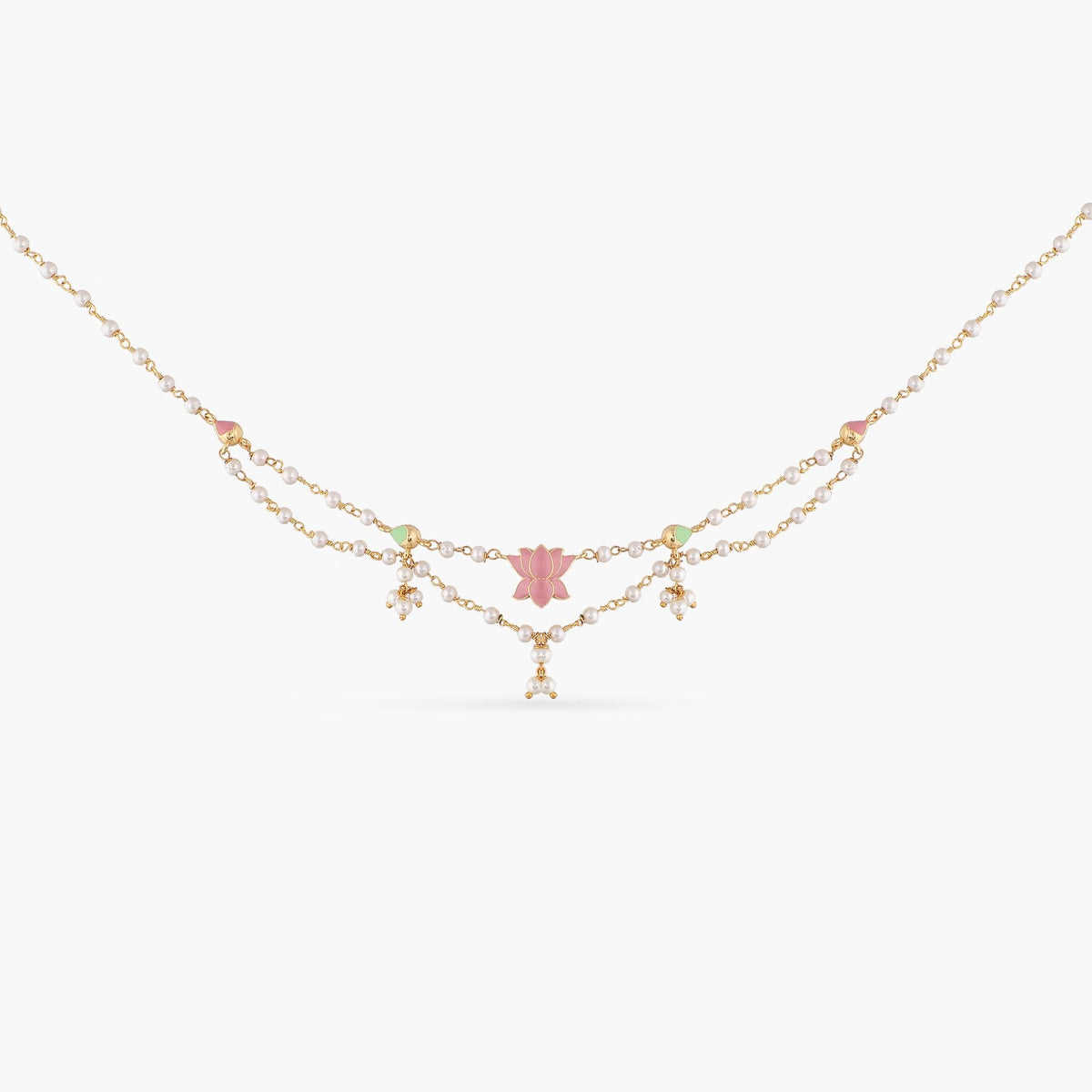 A picture of an Indian artificial layered necklace set with lotus pendant and a gold-toned chain. The earrings are stud style with matching white stones.