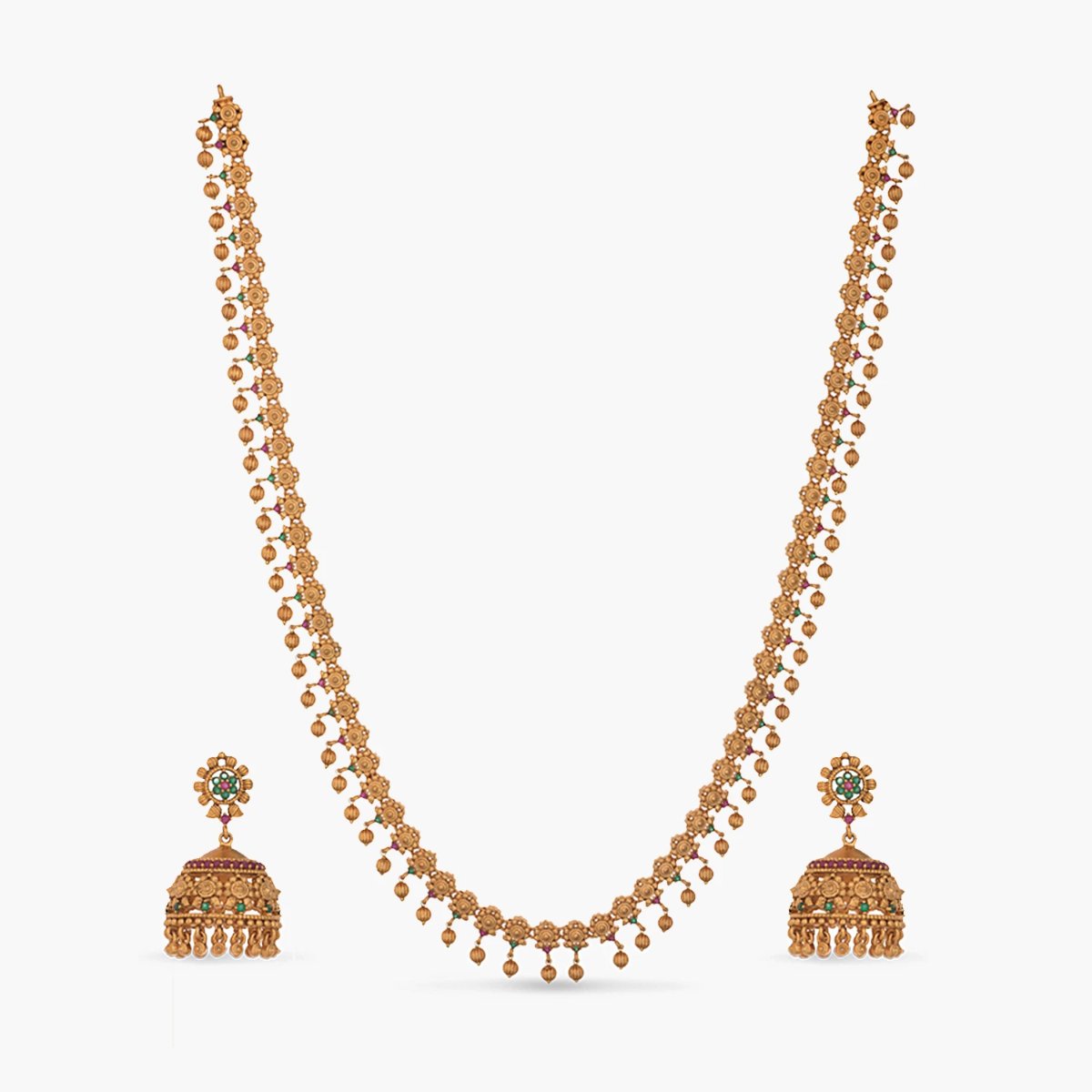 TARINIKA Antique Gold Plated Dara Long Necklace Set - Floral Design Indian Jewelry For Women